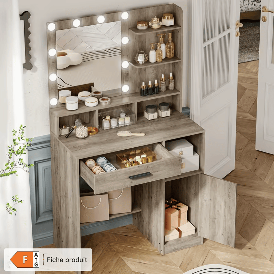 Coiffeuse bois rustique miroir Hollywood LED studio maquilleuse