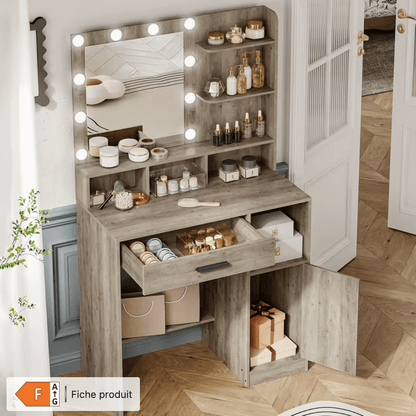 Coiffeuse bois rustique miroir Hollywood LED studio maquilleuse