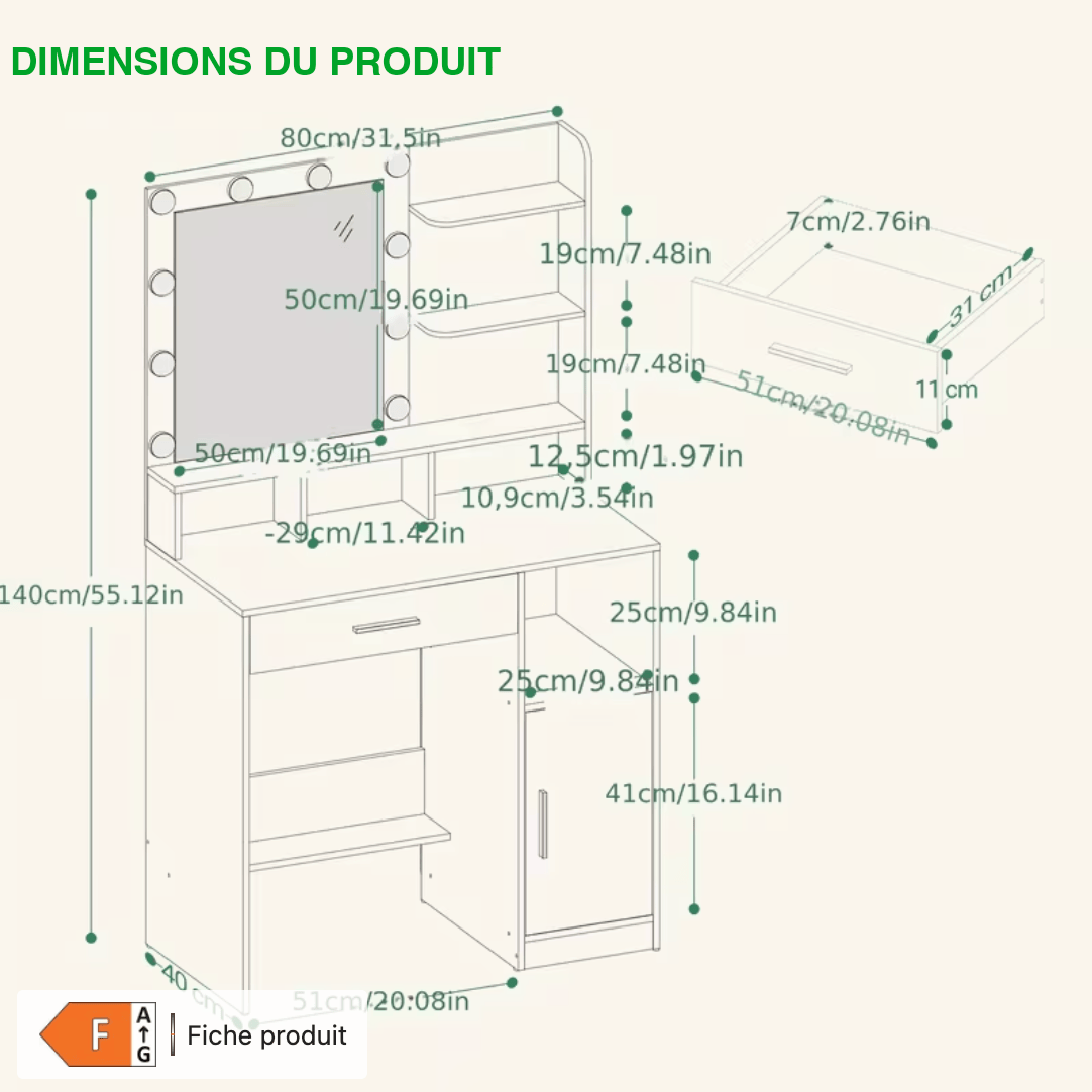 Schéma dimensions coiffeuse 80 x 40 x 140 cm avec miroir tiroir et rangements
