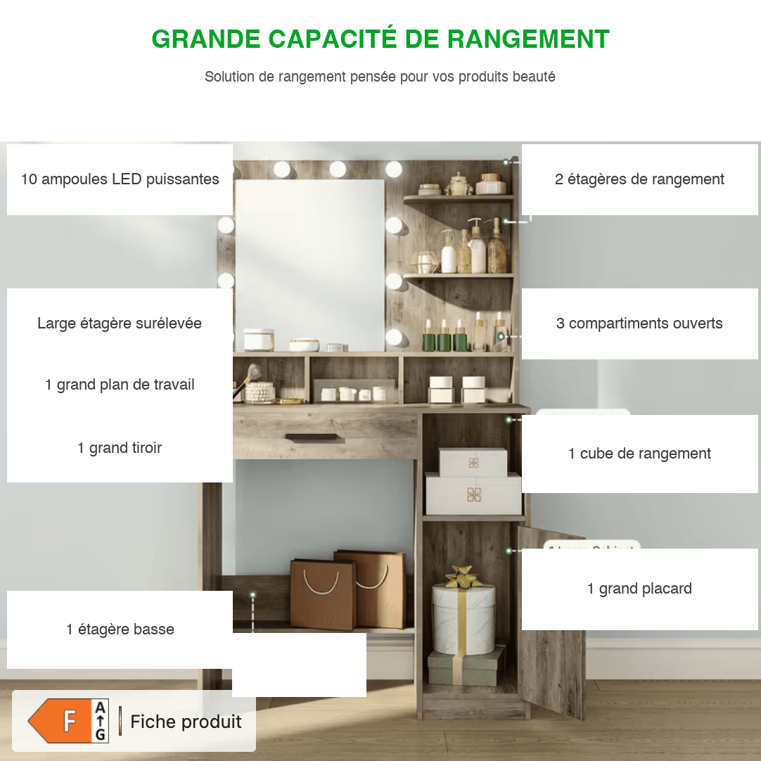 Grande capacité de rangement coiffeuse 10 ampoules LED tiroir étagères placard