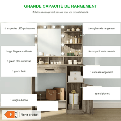 Grande capacité de rangement coiffeuse 10 ampoules LED tiroir étagères placard