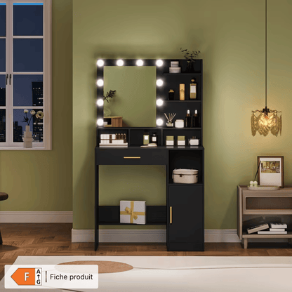 Coiffeuse professionnelle noire avec miroir Hollywood LED ambiance chambre