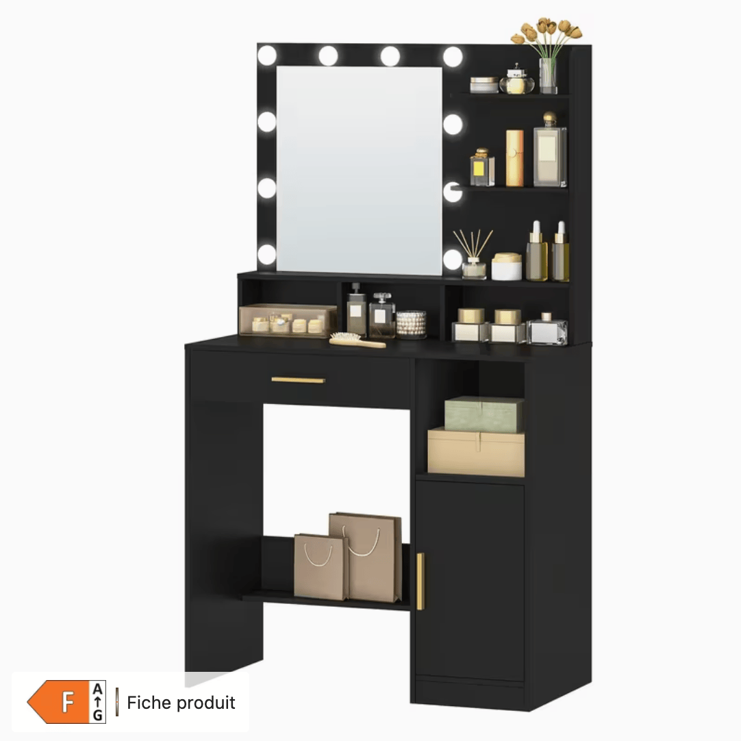 Coiffeuse noire miroir Hollywood LED vue isolée tiroir et placard