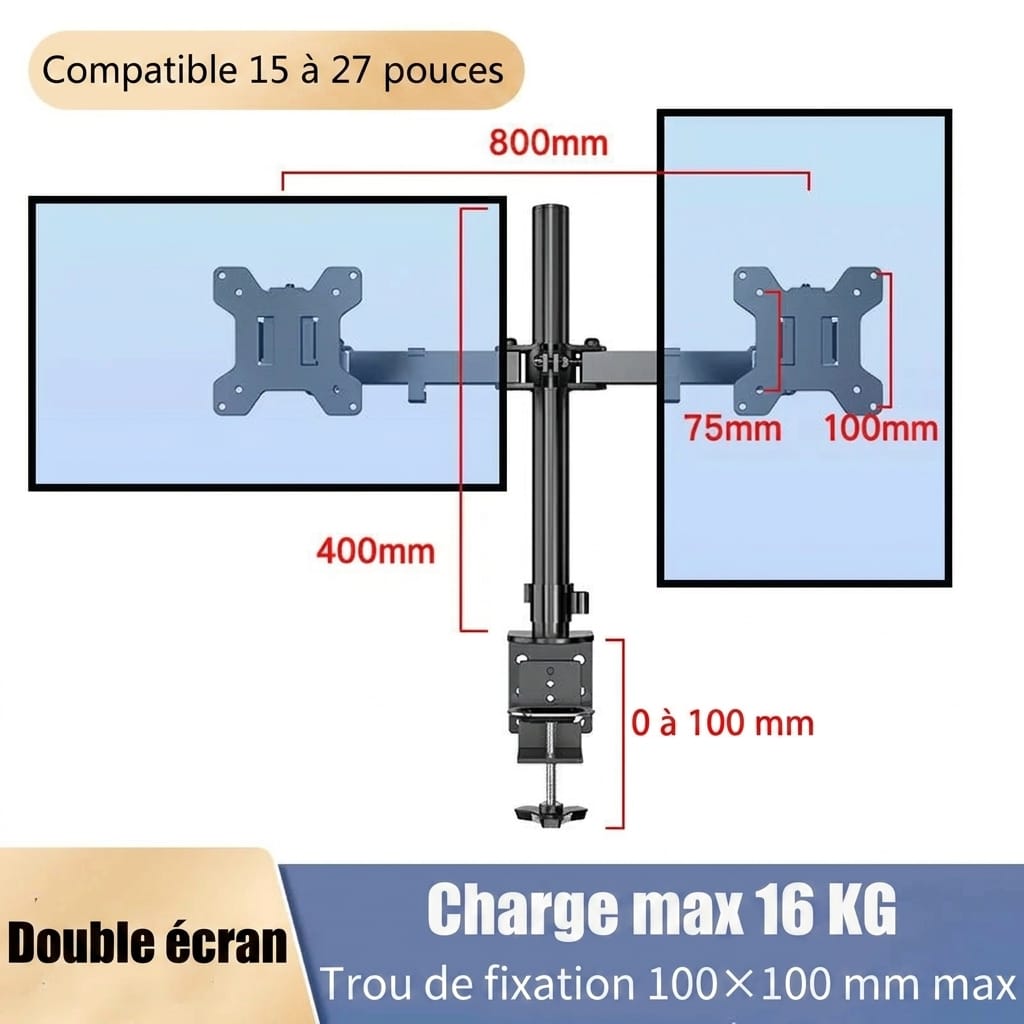 Support double écran PC compatible 15 à 27 pouces charge max 16 kg