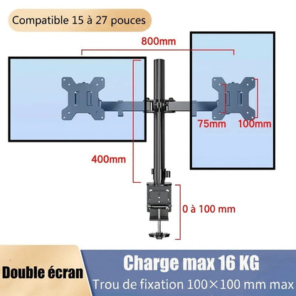 Support double écran PC compatible 15 à 27 pouces charge max 16 kg