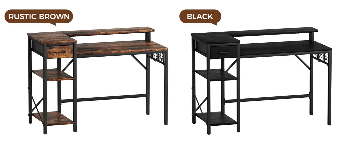 Bureau noir et bois avec étagère et rehausseur d'écran