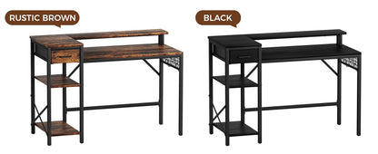 Bureau noir et bois avec étagère et rehausseur d'écran