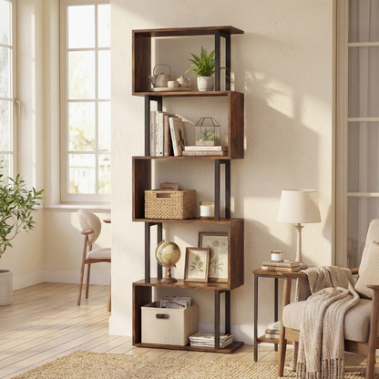 Étagère de bureau en bois couleur ébène à 5 niveaux, installée dans un salon