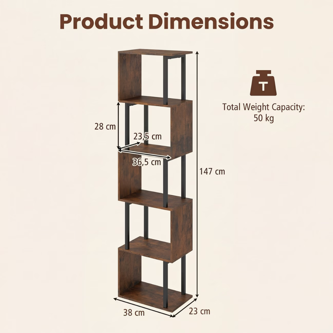 Dimensions de l'étagère : Longueur 38 cm, Profondeur 23 cm, Hauteur 147 cm, charge totale 50 kg