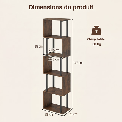 Dimensions et charge de l'étagère : 147 cm de haut, 38 cm au sol, 50 kg au total