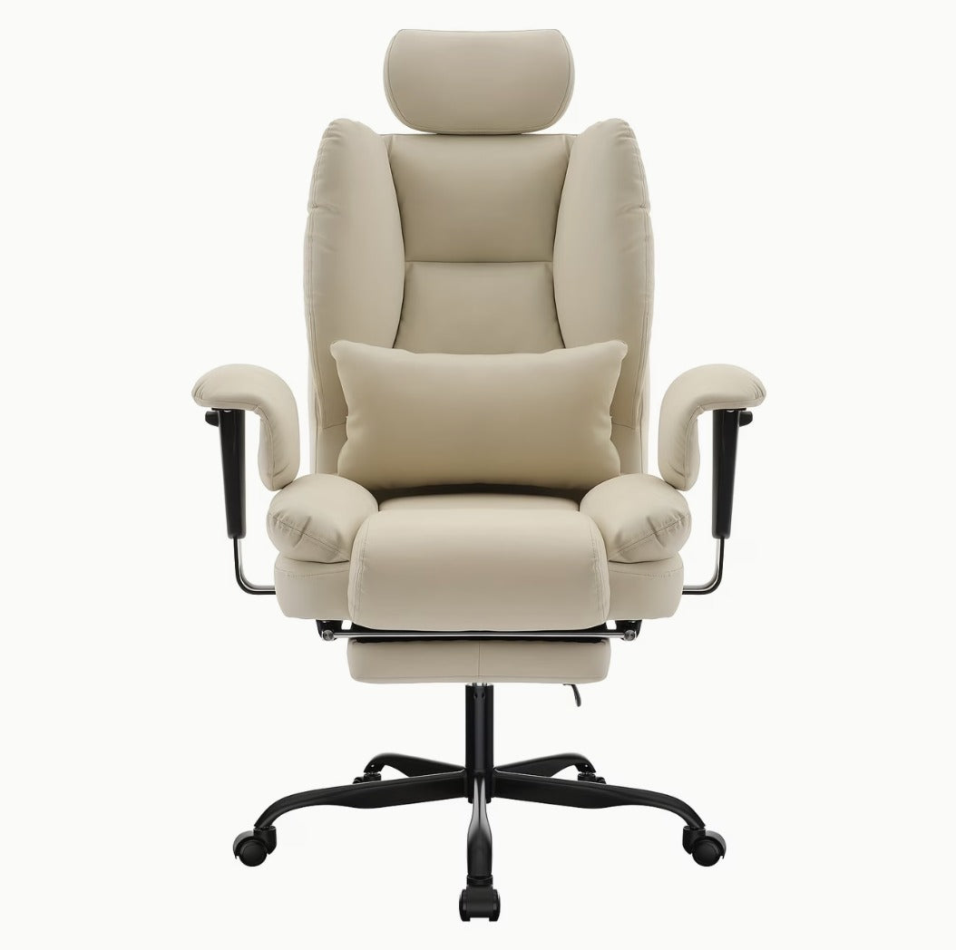 Fauteuil de bureau matelassé beige avec repose-pieds et appuie-tête réglable