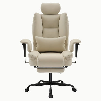 Fauteuil de bureau matelassé beige avec repose-pieds et appuie-tête réglable