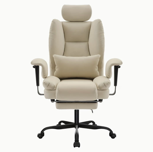 Fauteuil de bureau matelassé beige avec repose-pieds et appuie-tête réglable