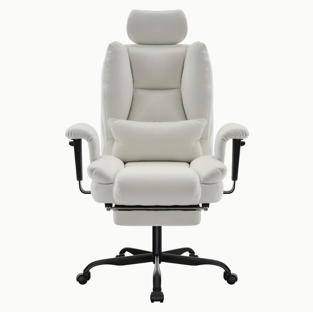 Fauteuil de bureau matelassé blanc avec repose-pieds et appuie-tête réglable