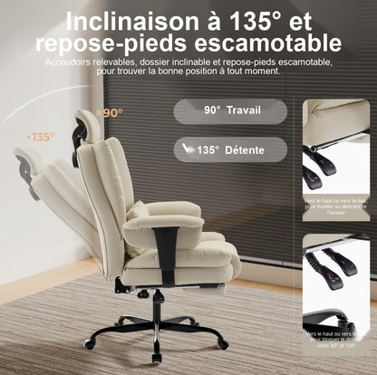 Inclinaison du dossier à 135 degrés et repose-pieds escamotable