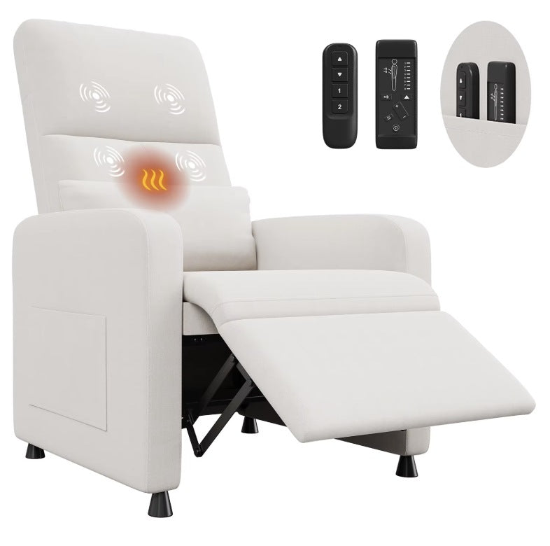 Fauteuil relax massage électrique chauffant crème et ses deux télécommandes