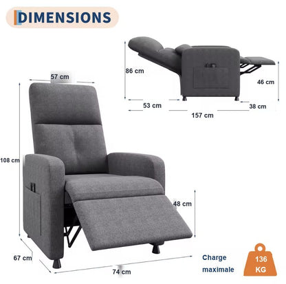 Dimensions du fauteuil relax massage électrique, 74 cm de large, 157 cm déplié