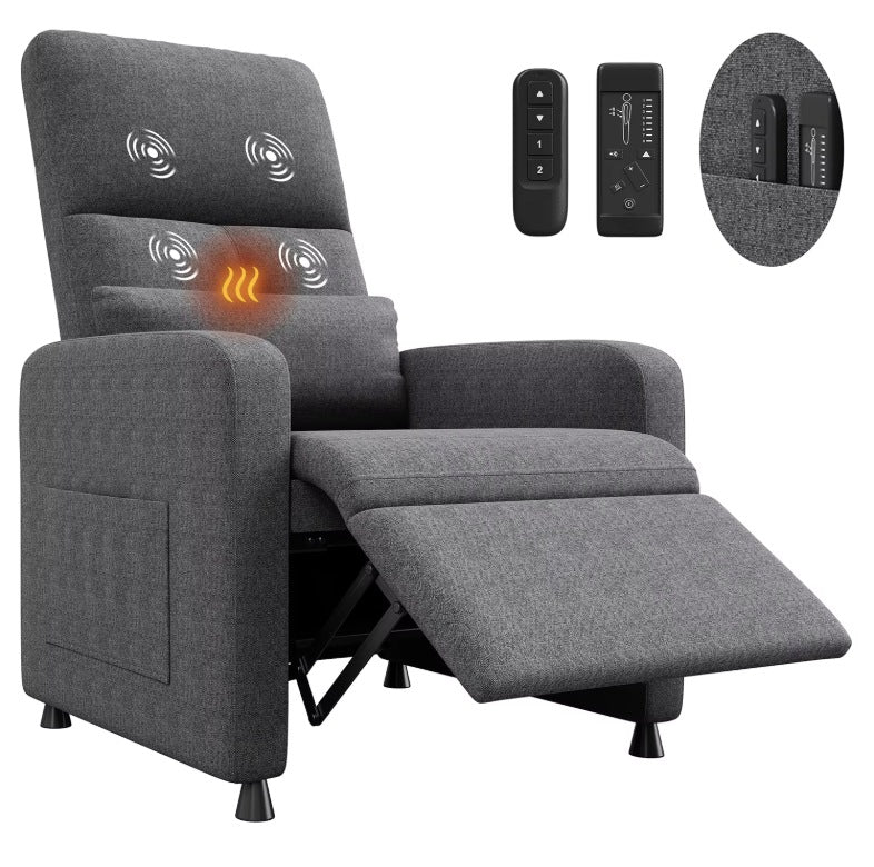 Fauteuil relax massage électrique chauffant gris clair et ses deux télécommandes