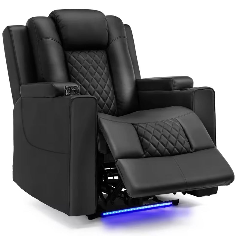 Fauteuil relax électrique inclinable noir, repose-jambes levé et éclairage LED