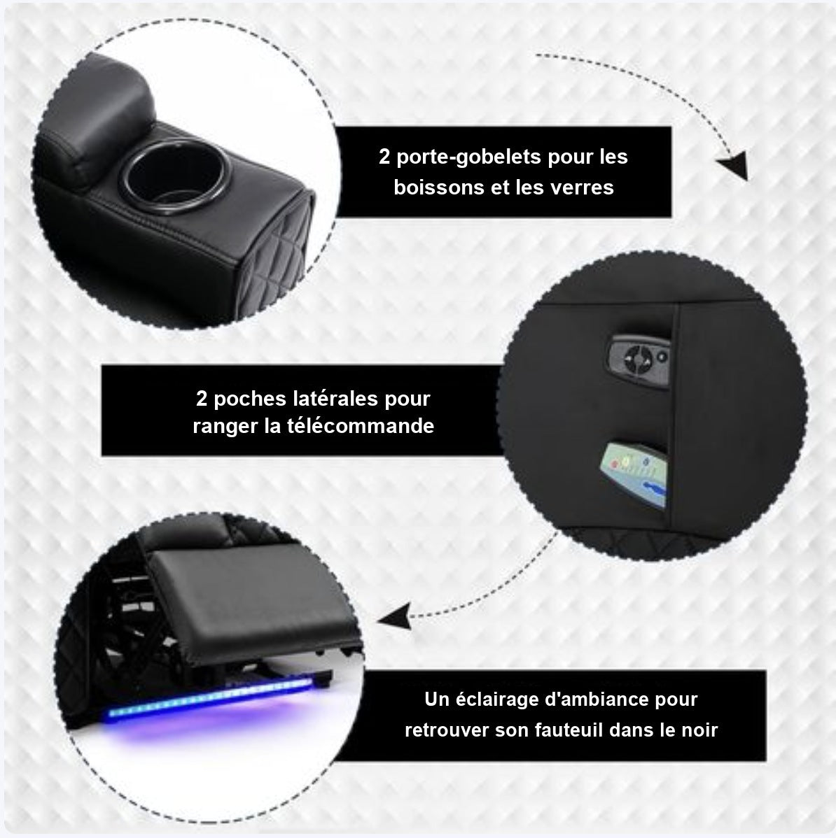 Porte-gobelets, poches latérales et éclairage LED