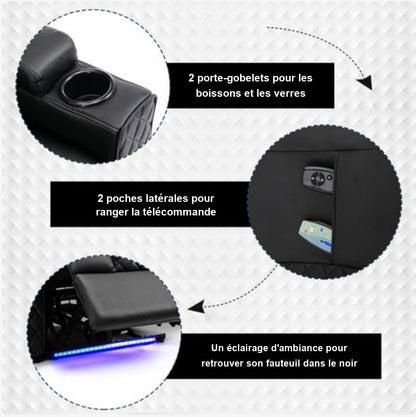 Porte-gobelets, poches latérales et éclairage LED du fauteuil relax
