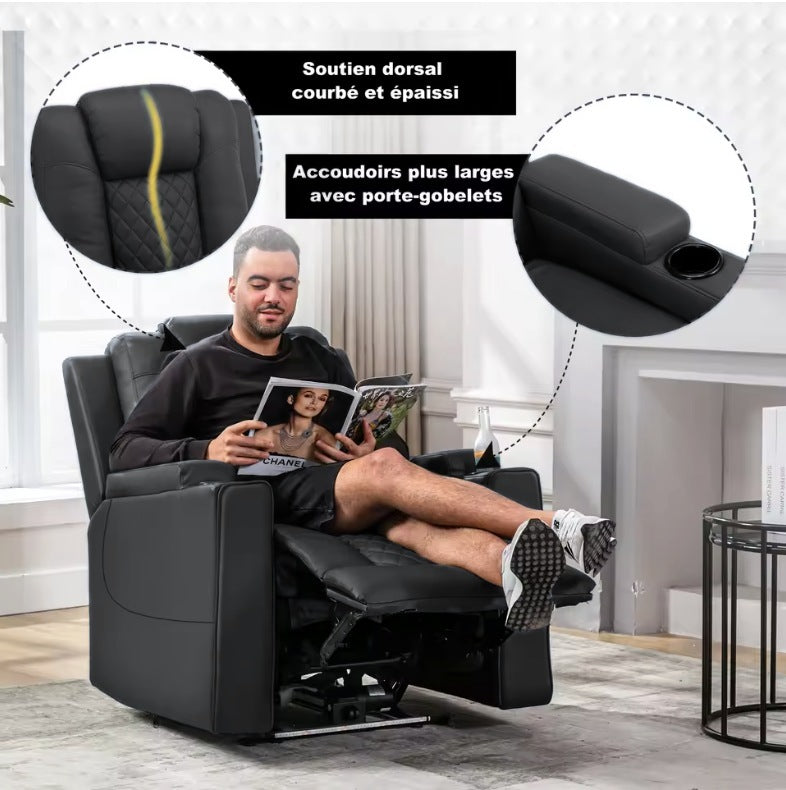 Fauteuil relax électrique inclinable noir en position allongée