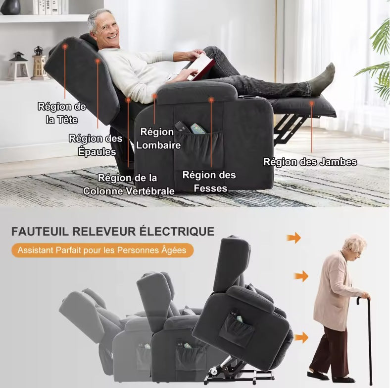 Fauteuil relax massage électrique releveur qui bascule vers l'avant pour aider à se lever
