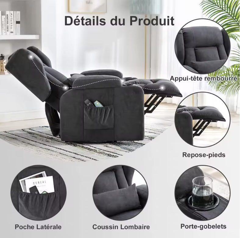 Appui-tête, repose-pieds, poche latérale, coussin lombaire et porte-gobelets du fauteuil releveur