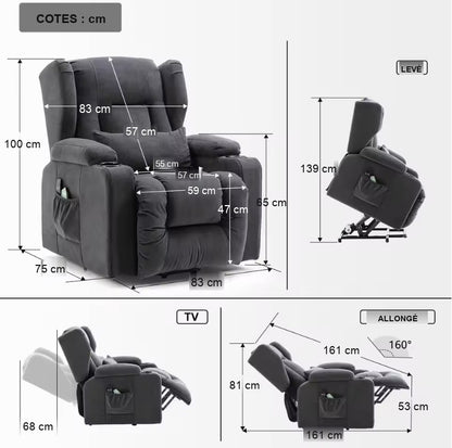 Dimensions du fauteuil relax massage électrique releveur en centimètres, 83 cm de large