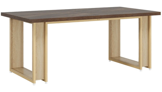 Grand bureau design aspect noyer 160 cm, plateau veiné et piètements patin