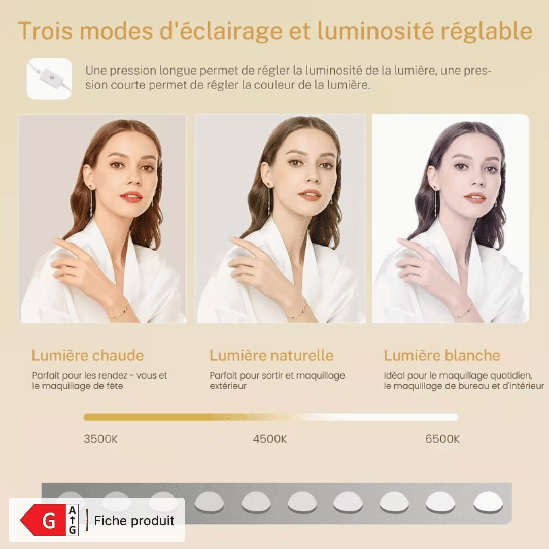 Coiffeuse 3 modes d'éclairage et luminosité réglable lumière chaude naturelle blanche