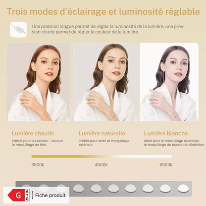 Coiffeuse 3 modes d'éclairage et luminosité réglable lumière chaude naturelle blanche