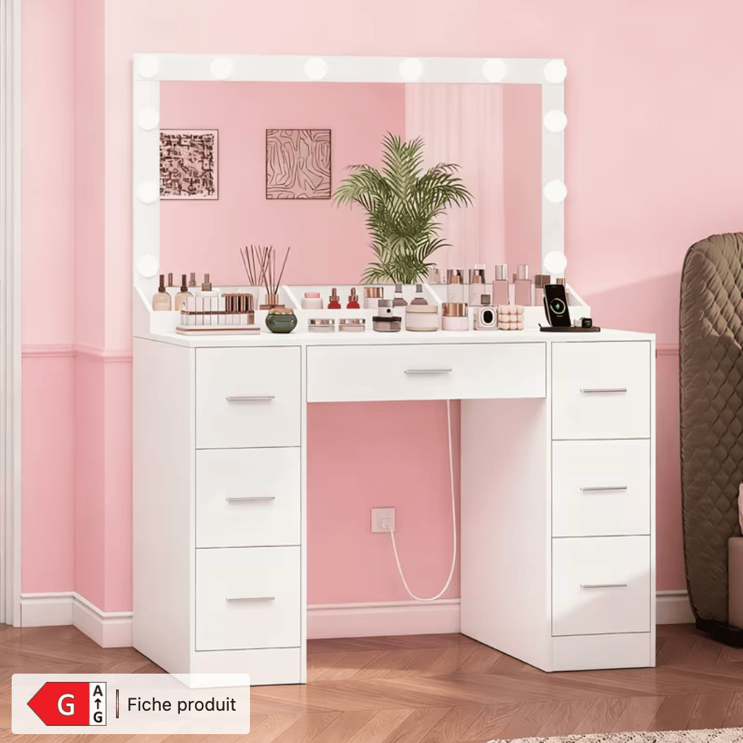 Coiffeuse XL blanche miroir Hollywood LED grand miroir 95 x 48 cm