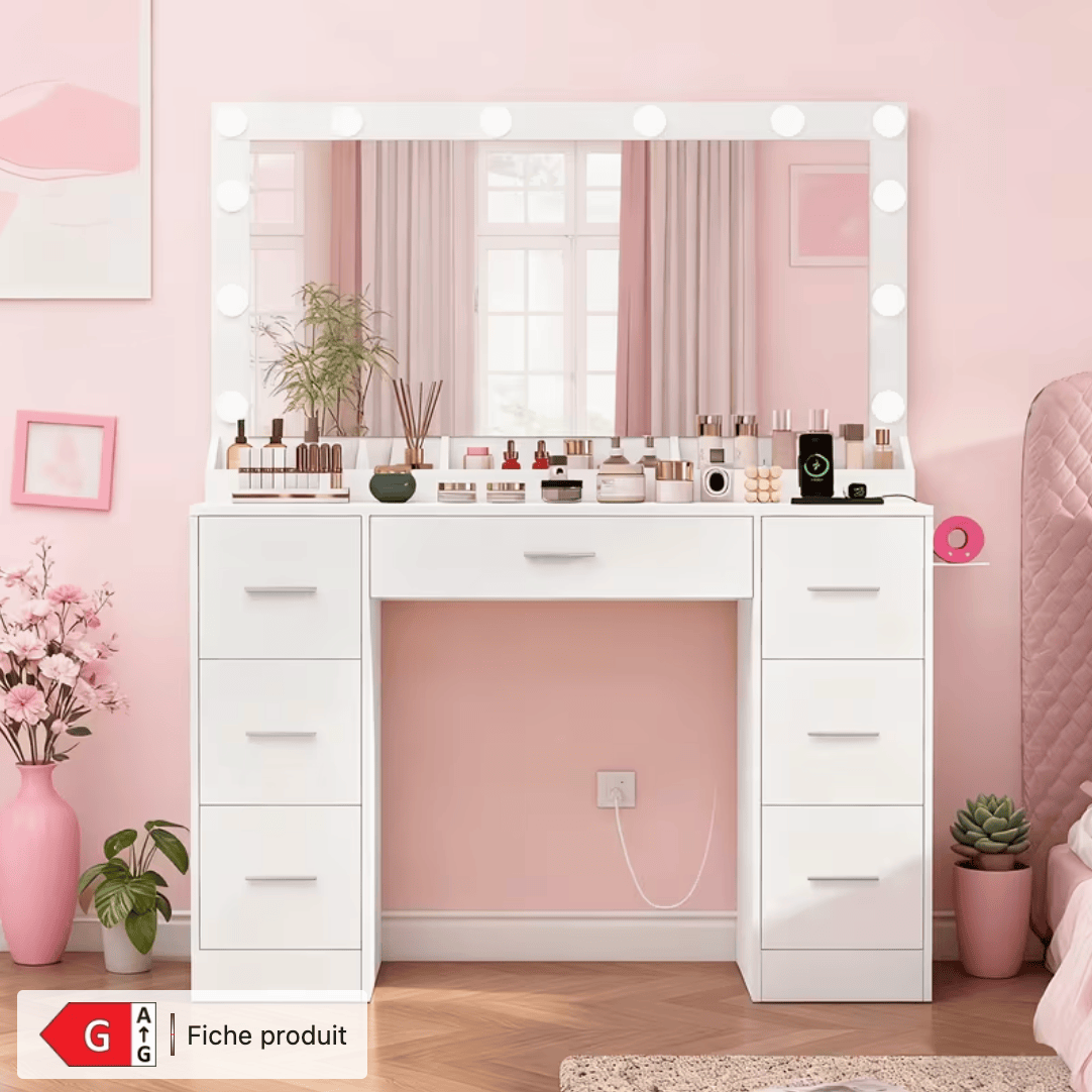 Coiffeuse XL avec miroir et éclairage intégré 7 tiroirs ambiance chambre