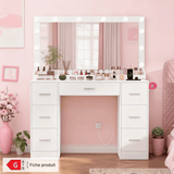 Coiffeuse avec miroir et éclairage intégré 7 tiroirs et prises USB