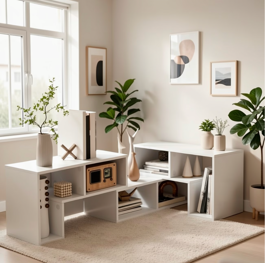 Meuble télé modulable blanc installé dans une pièce claire