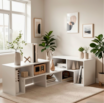 Meuble télé modulable blanc installé dans une pièce claire