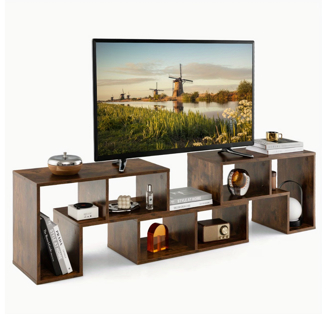 Meuble télé modulable en bois ébène, trois éléments alignés sous un téléviseur