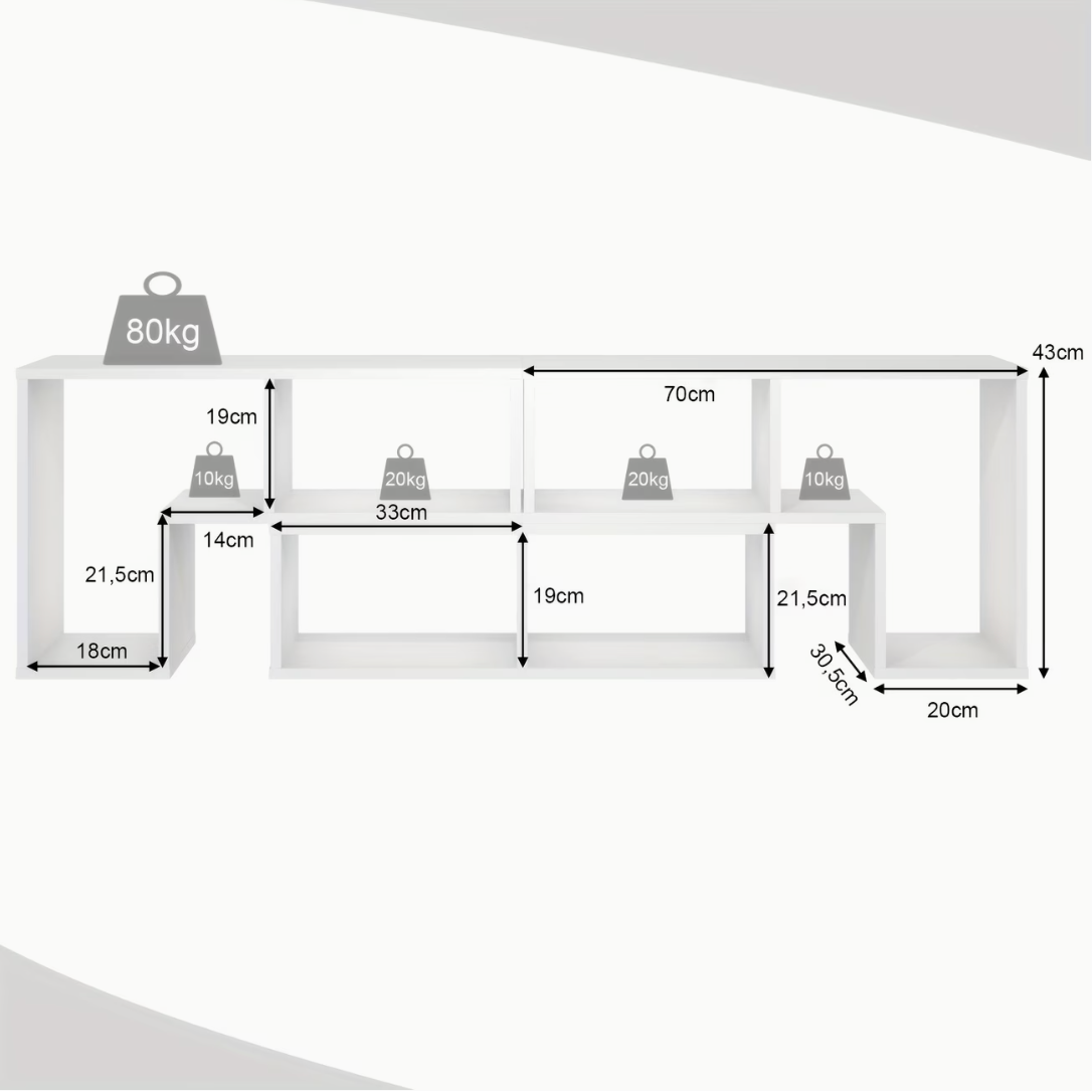 Dimensions et charges du meuble télé modulable : hauteur 43 cm, profondeur 30,5 cm, plateau 80 kg