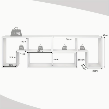Dimensions et charges du meuble télé modulable : hauteur 43 cm, profondeur 30,5 cm, plateau 80 kg