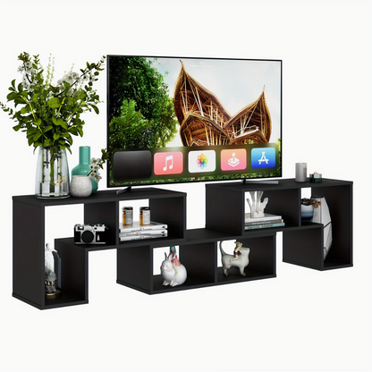 Meuble télé modulable noir, trois éléments alignés sous un téléviseur