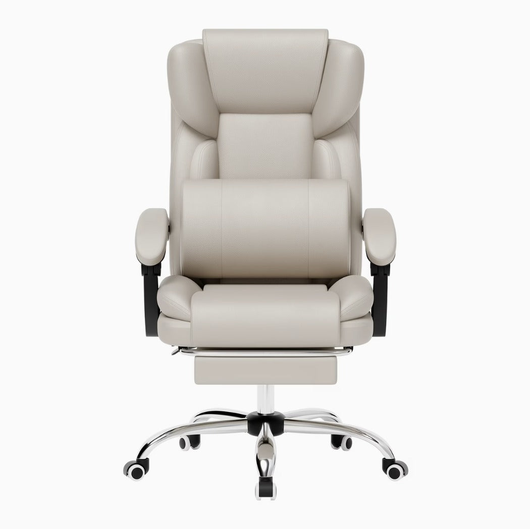 Siège de bureau ergonomique beige avec soutien lombaire et repose-pieds
