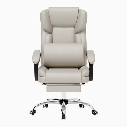 Siège de bureau ergonomique beige avec soutien lombaire et repose-pieds