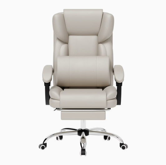 Siège de bureau ergonomique beige avec soutien lombaire et repose-pieds