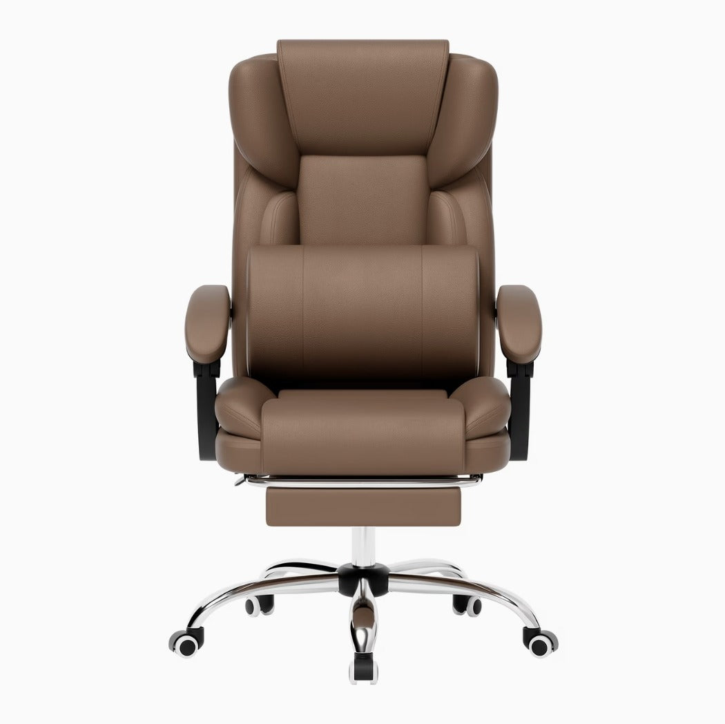 Siège de bureau ergonomique marron avec soutien lombaire et repose-pieds