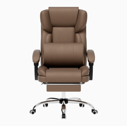 Siège de bureau ergonomique marron avec soutien lombaire et repose-pieds