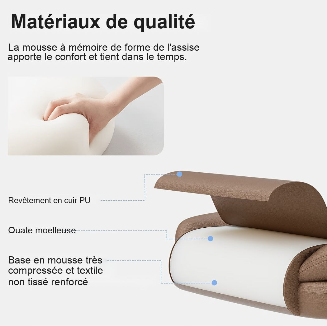 Mousse à mémoire de forme, cuir PU et base en mousse compressée