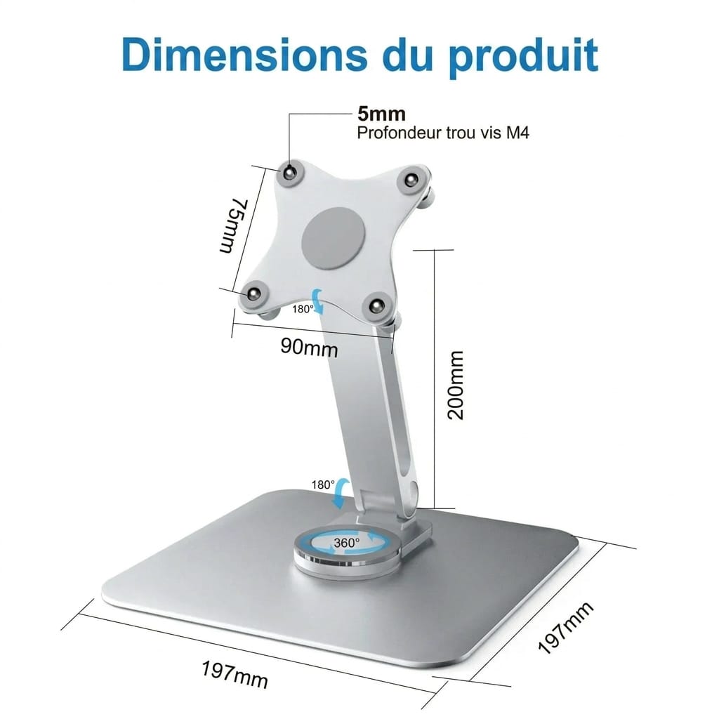 Support écran portable dimensions schéma technique aluminium