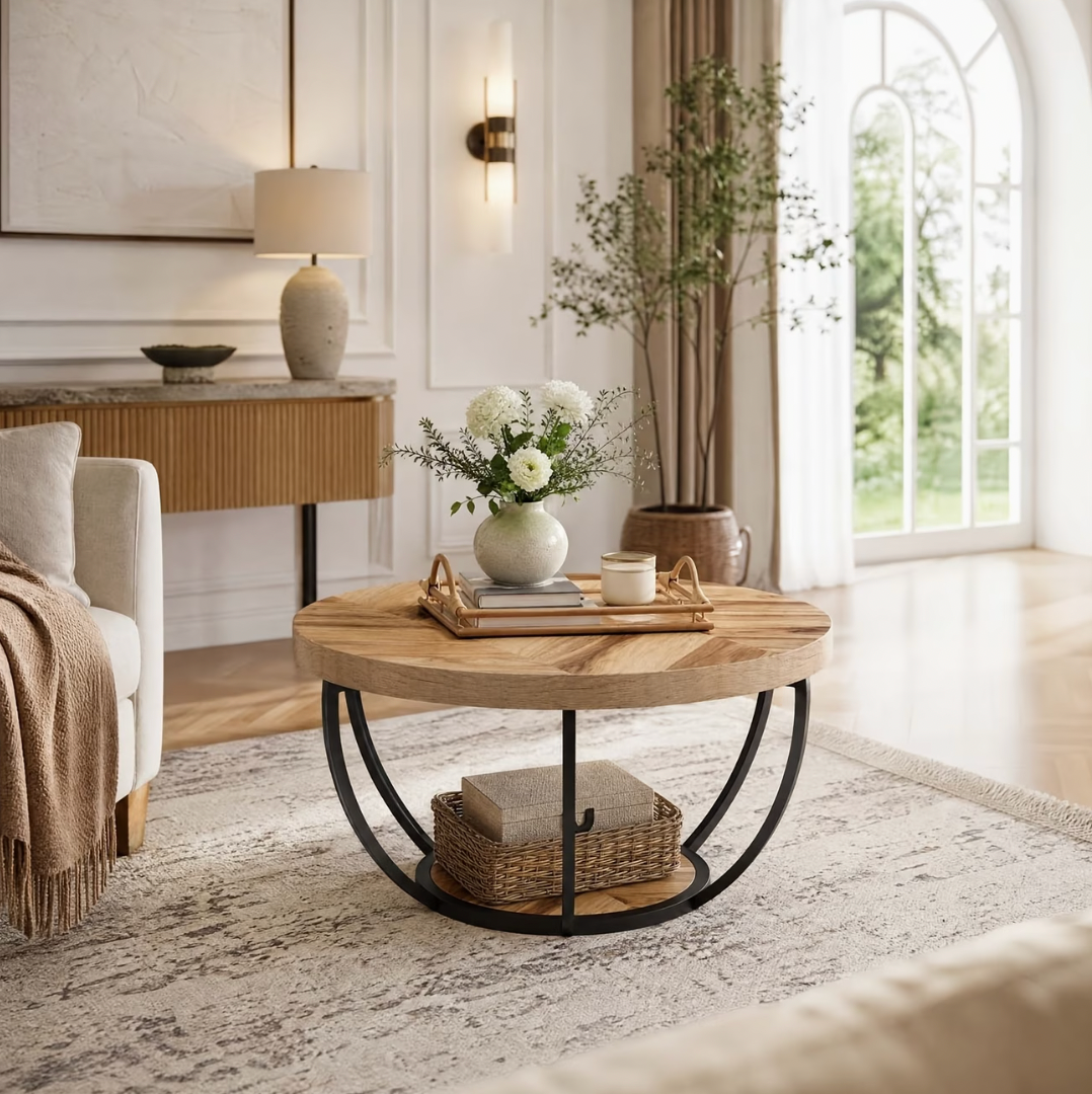 Table basse ronde bois et métal noir dans un salon lumineux, plateau garni d'un bouquet et de livres