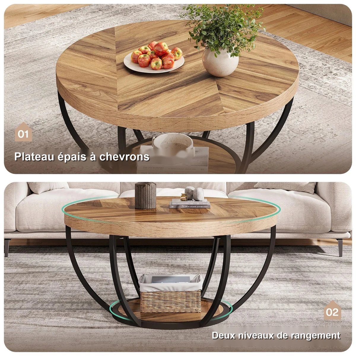 Plateau épais à chevrons et deux niveaux de rangement de la table basse ronde